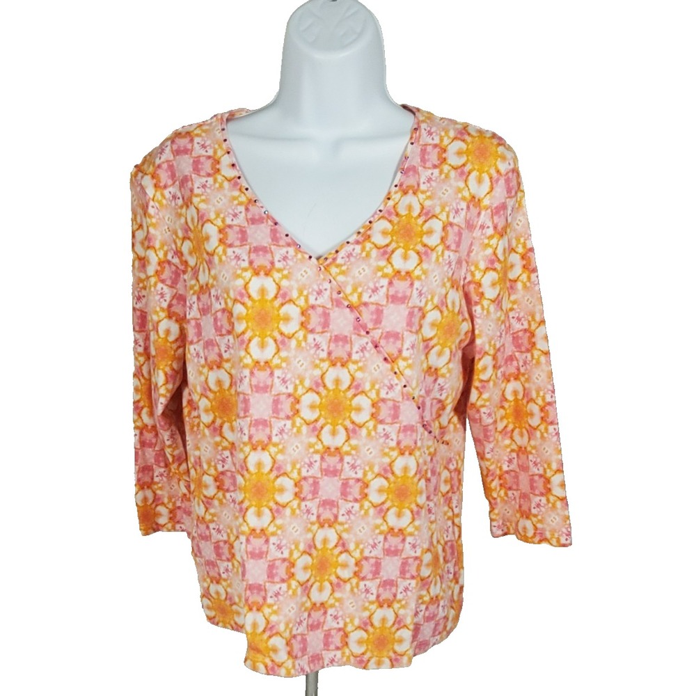 Ruby Rd. Favorites Womens Large Pink Orange Top ‎ V Neck 3/4Sleeve Shirt